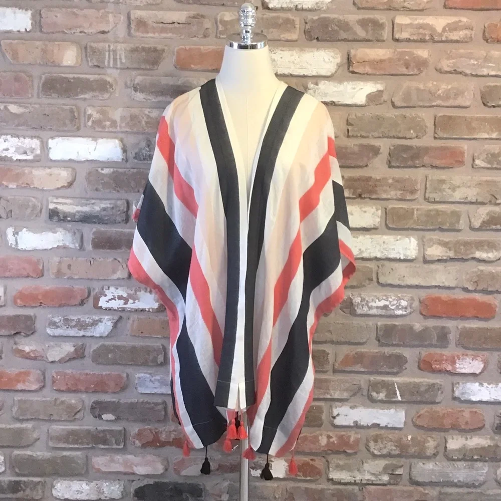 ANN TAYLOR Woman’s Striped Tassel Linen Kimono Coverup Wrap ONESIZE